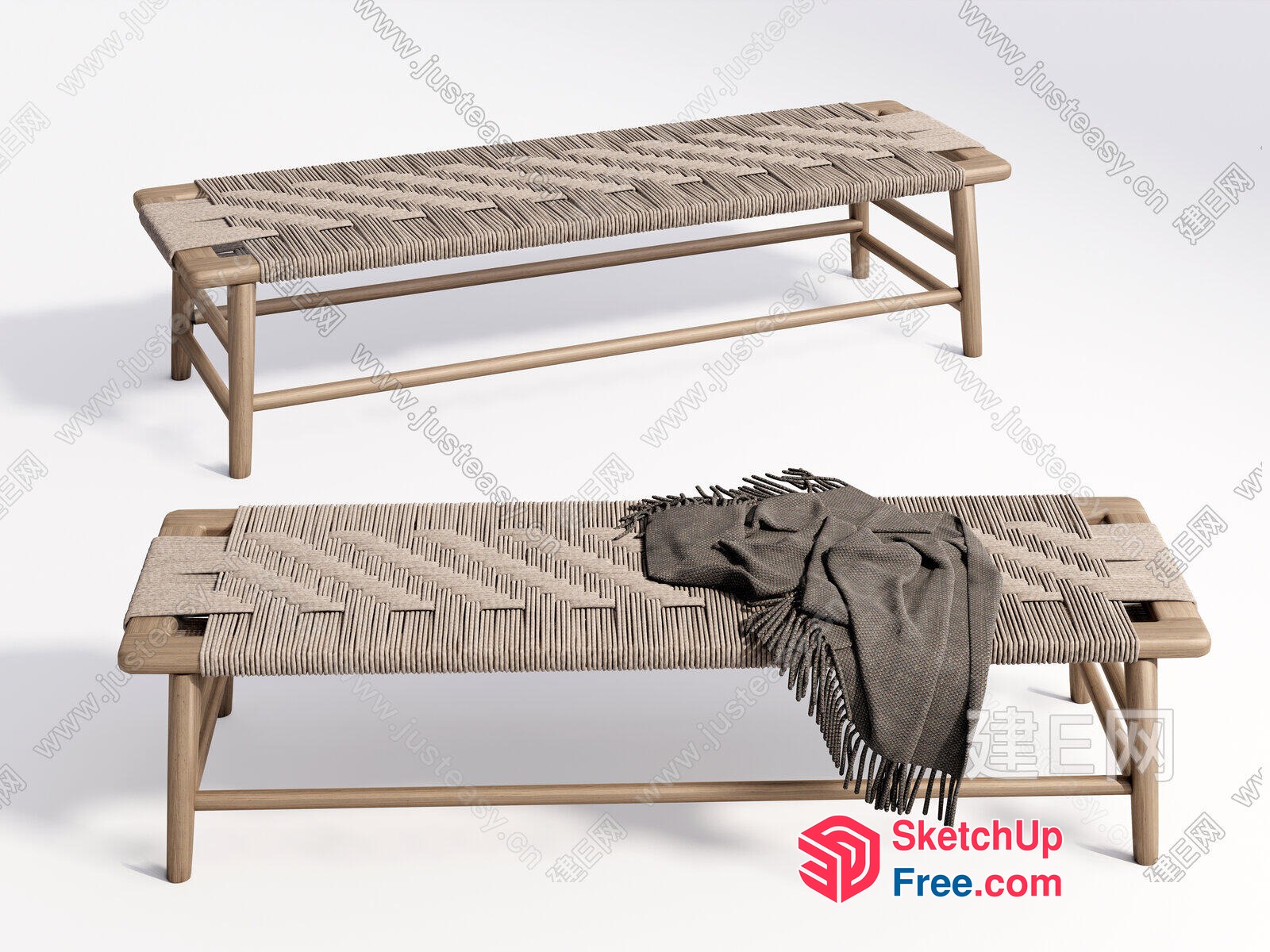 Elegant Wooden Bench With Woven Rope Seat And Back 3D SketchUp File