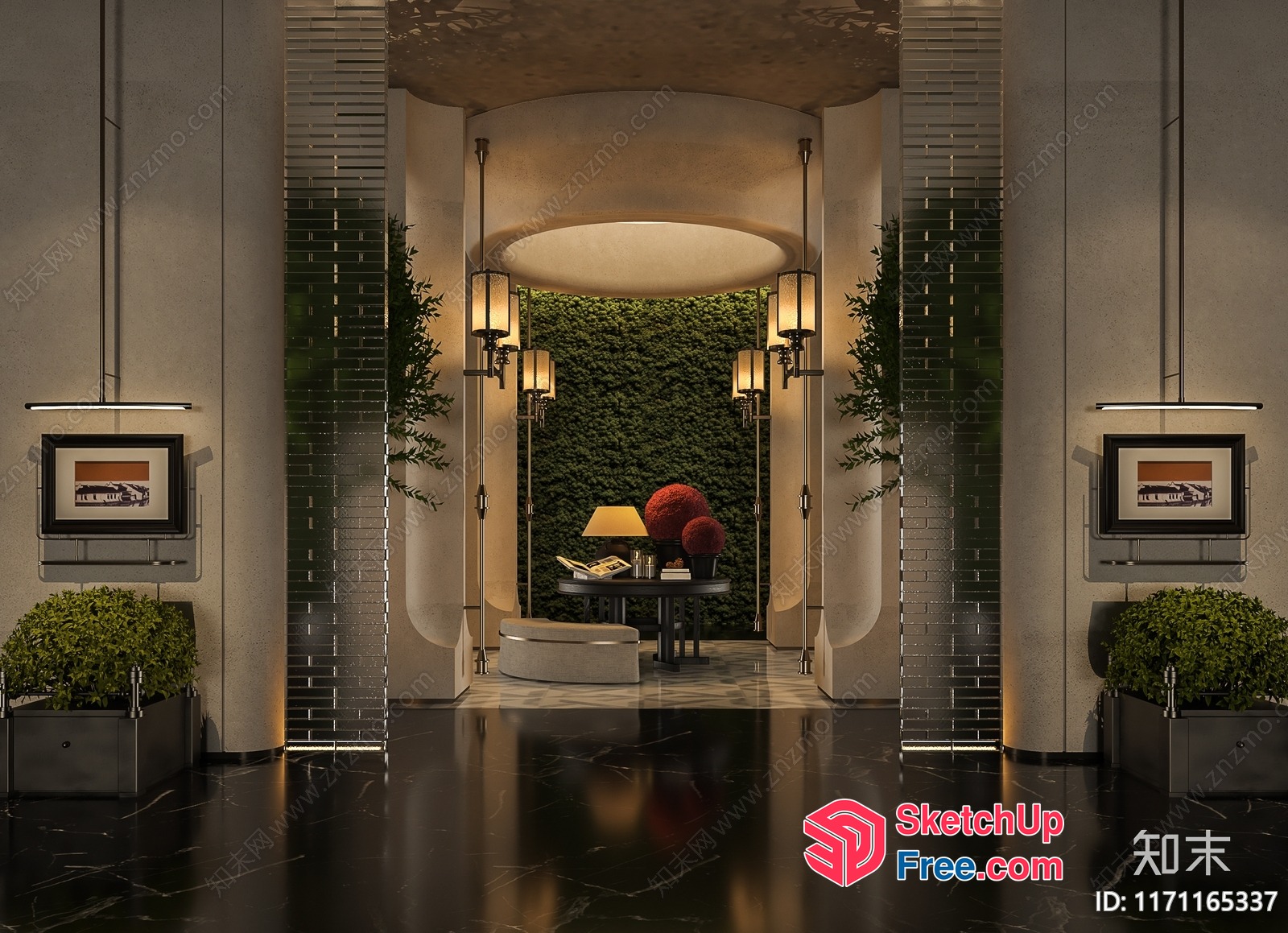 Elegant Modern Interior With Pillars And Green Wall 3D SketchUp File