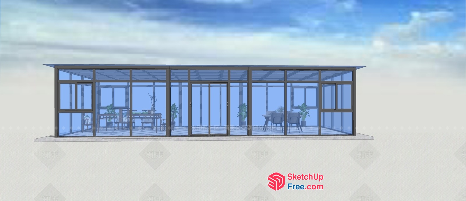 Modern Glass-Walled Room With Minimalist Furniture 3D SketchUp File