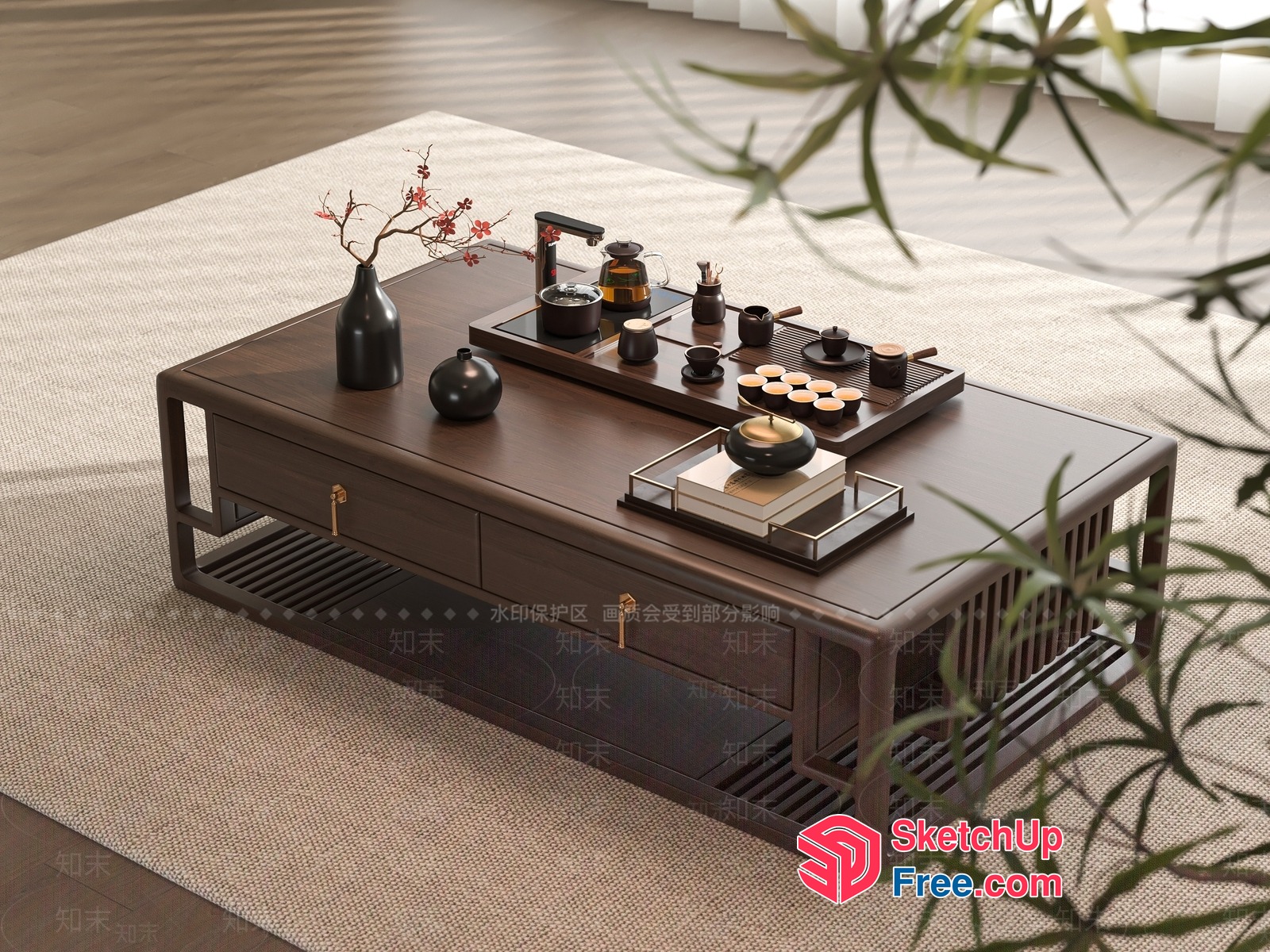 Elegant Dark Wood Coffee Table With Modern Decor 3D SketchUp File