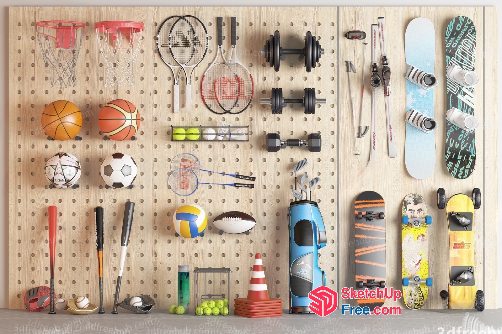 Sports Equipment Displayed On A Pegboard 3D SketchUp File