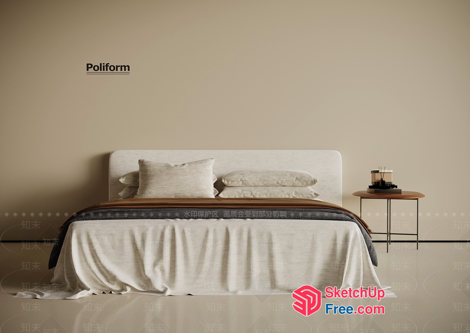 Minimalist Bed Setup With Creamy Style Pillows And Bedside Table 3D SketchUp File