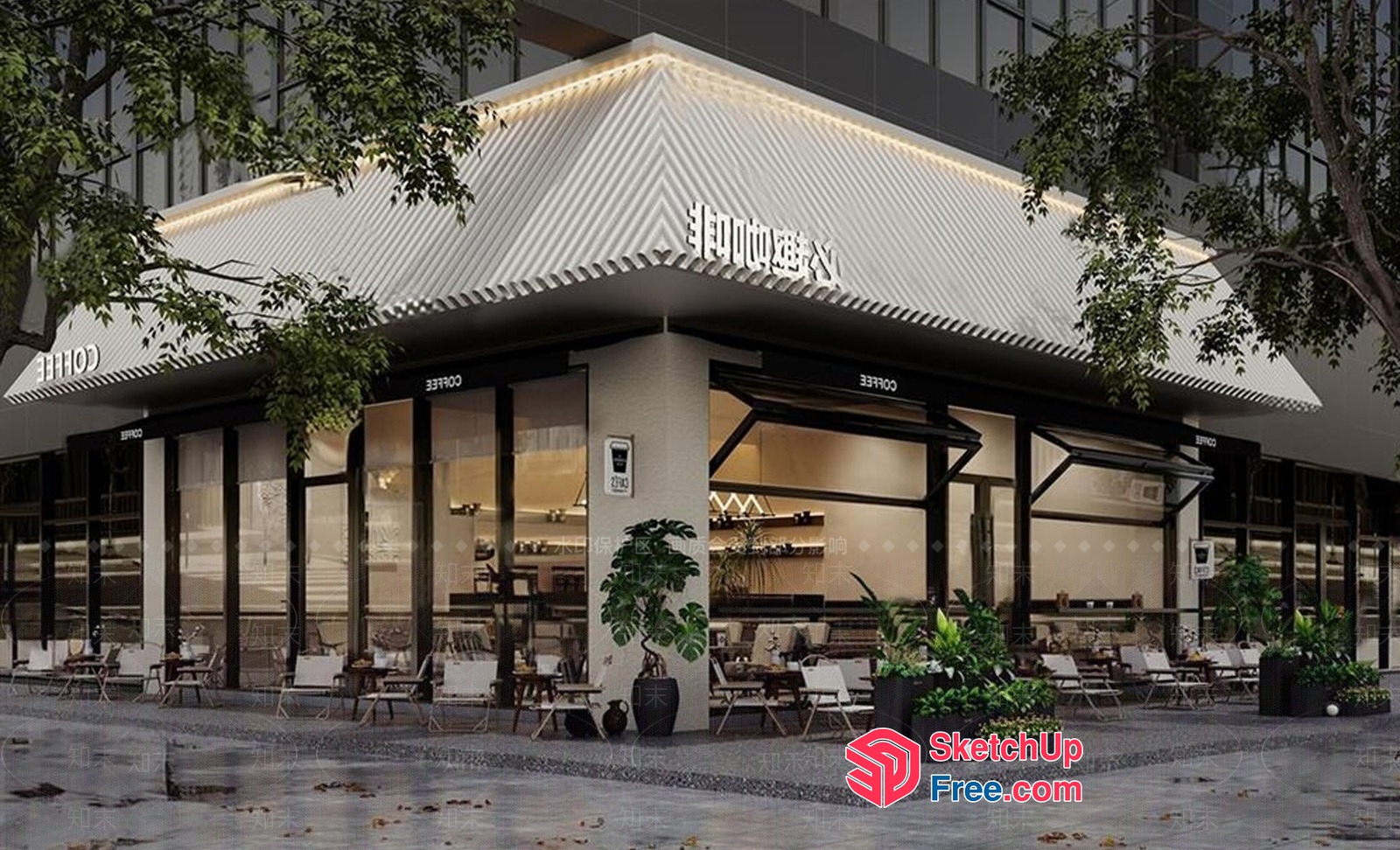 Modern Coffee Shop With Outdoor Seating 3D SketchUp File