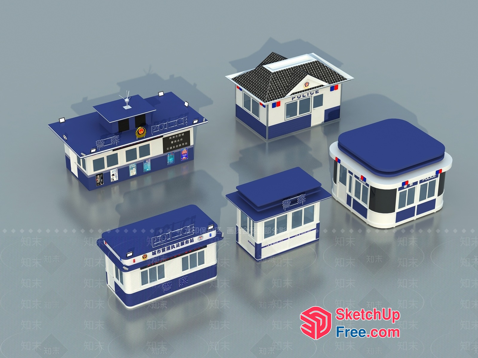Five Buildings With Police Stations 3D SketchUp File