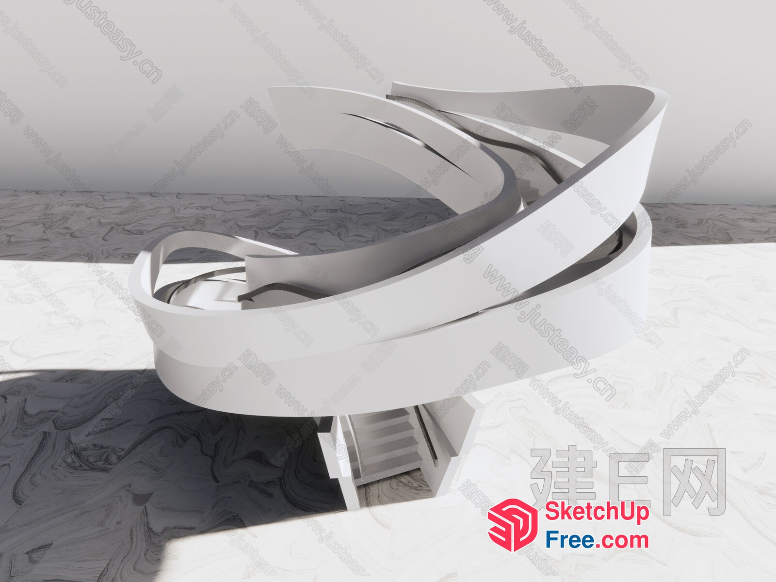 Curved Staircase With Marble Floor And White Walls 3D SketchUp File