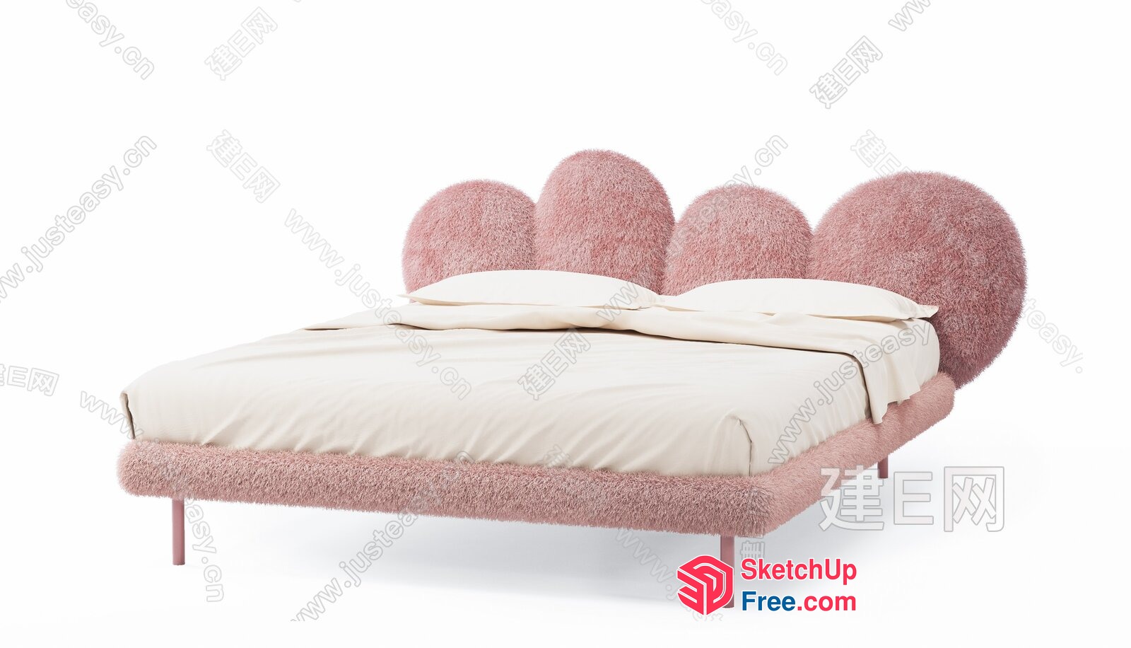 Pink Fuzzy Bed With Pillows And Headboard 3D SketchUp File