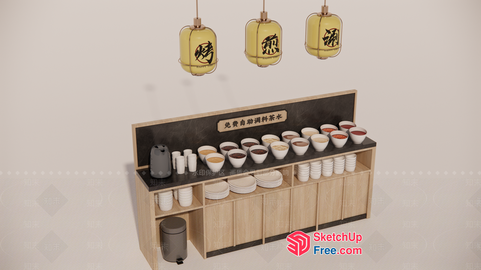 Asian-Style Kitchen Counter With Utensils And Plates 3D SketchUp File