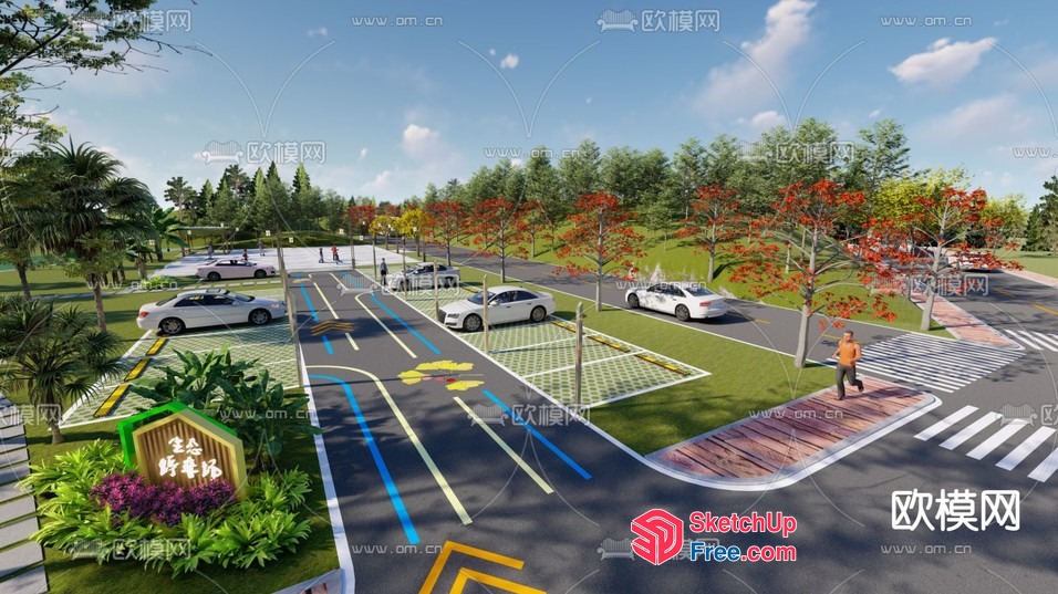 Park With Cars And Pedestrian Crosswalks 3D SketchUp File
