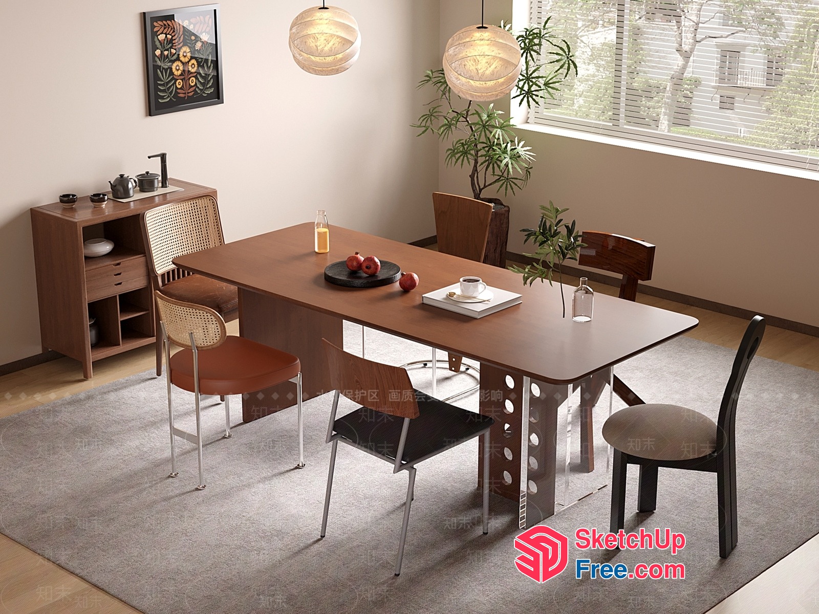 Modern Dining Room With Wood Table And Chairs 3D SketchUp File