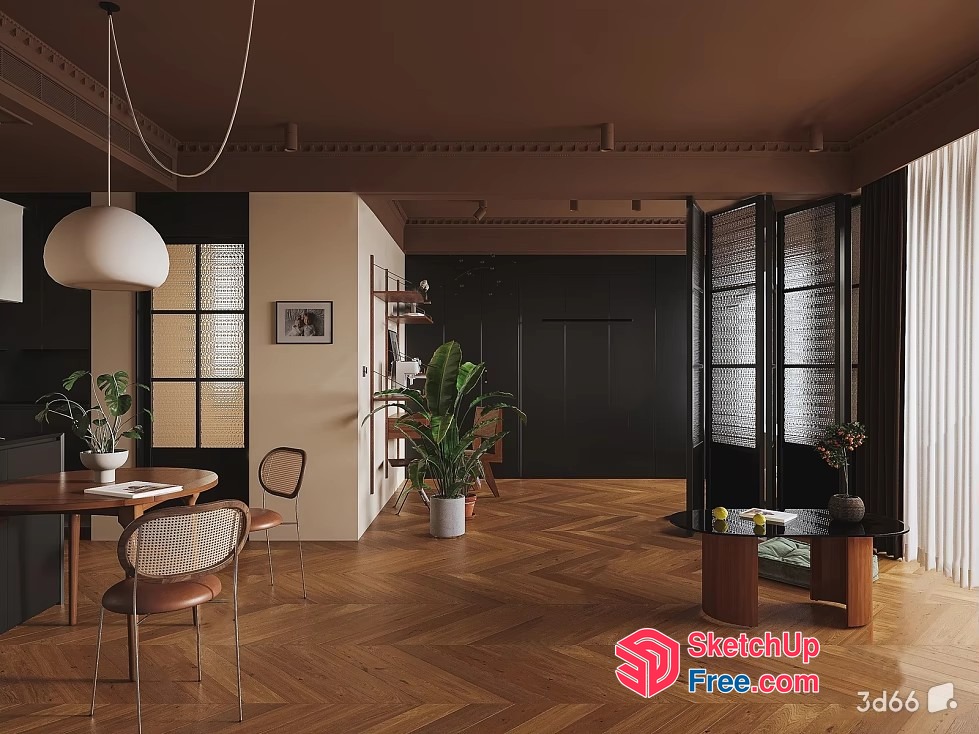 Modern Dining Room With Elegant Lighting And Plant Decor 3D SketchUp File