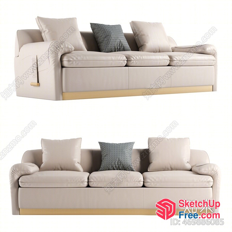 White Leather Sofa With Pillows And Wooden Base 3D SketchUp File