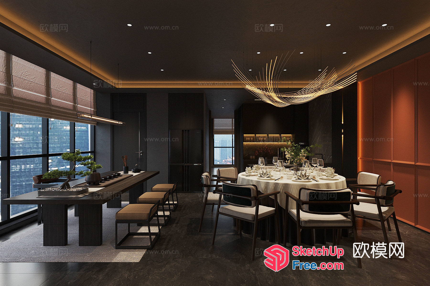 Modern Dining Room With Elegant Chandelier And Table Setting 3D SketchUp File