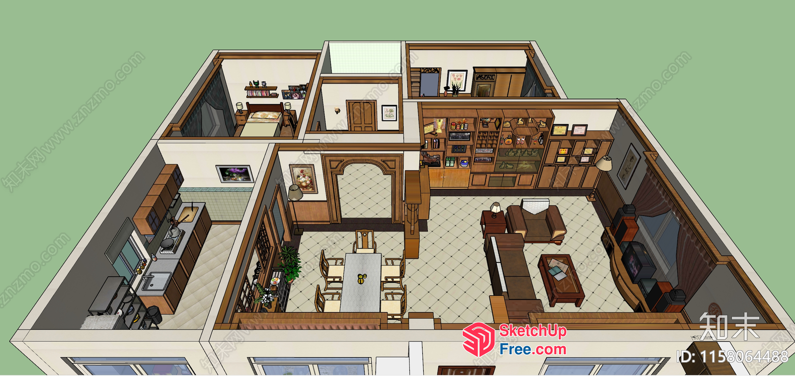 Modern Living Room With Dining Area And Kitchen 3D SketchUp File