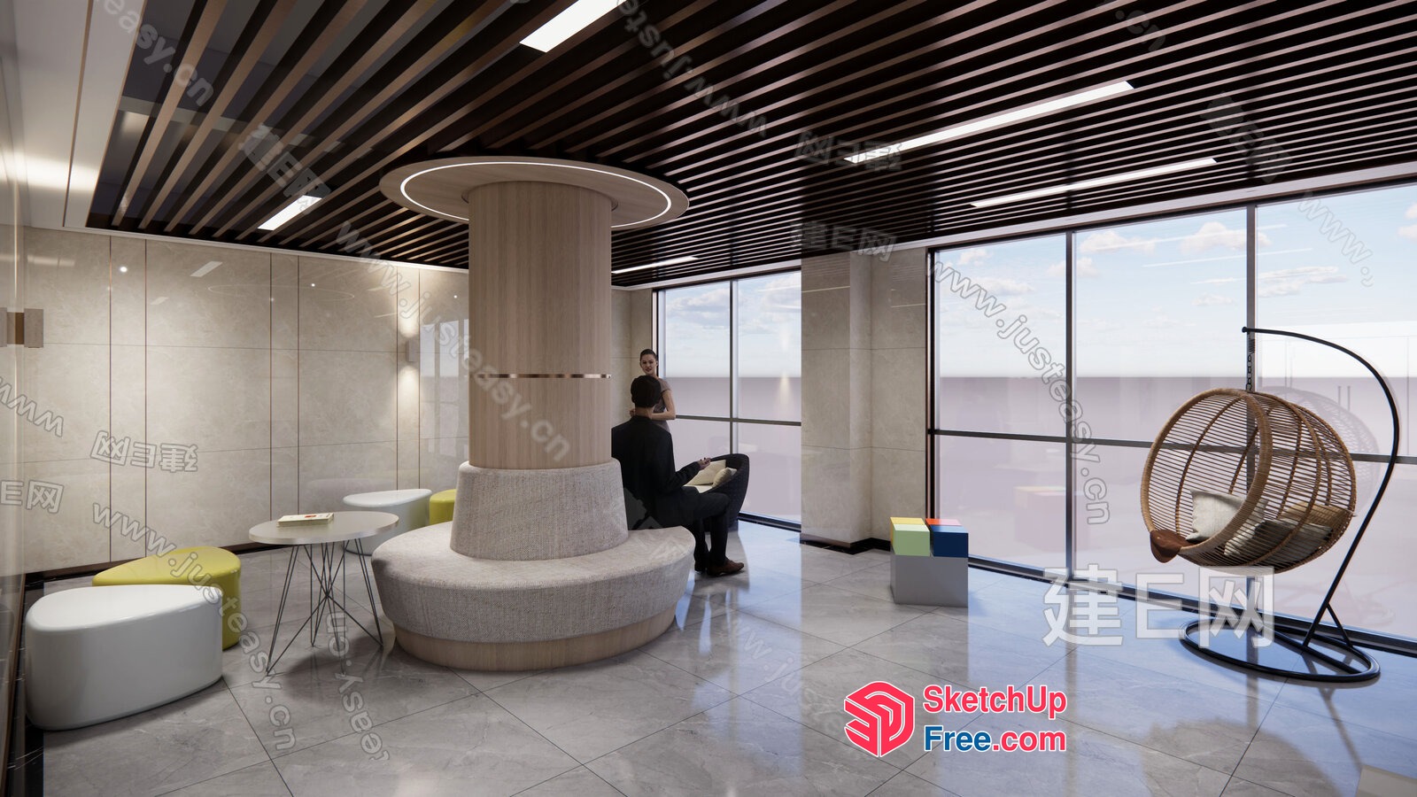 Modern Office Space With Unique Pillar And Large Windows 3D SketchUp File