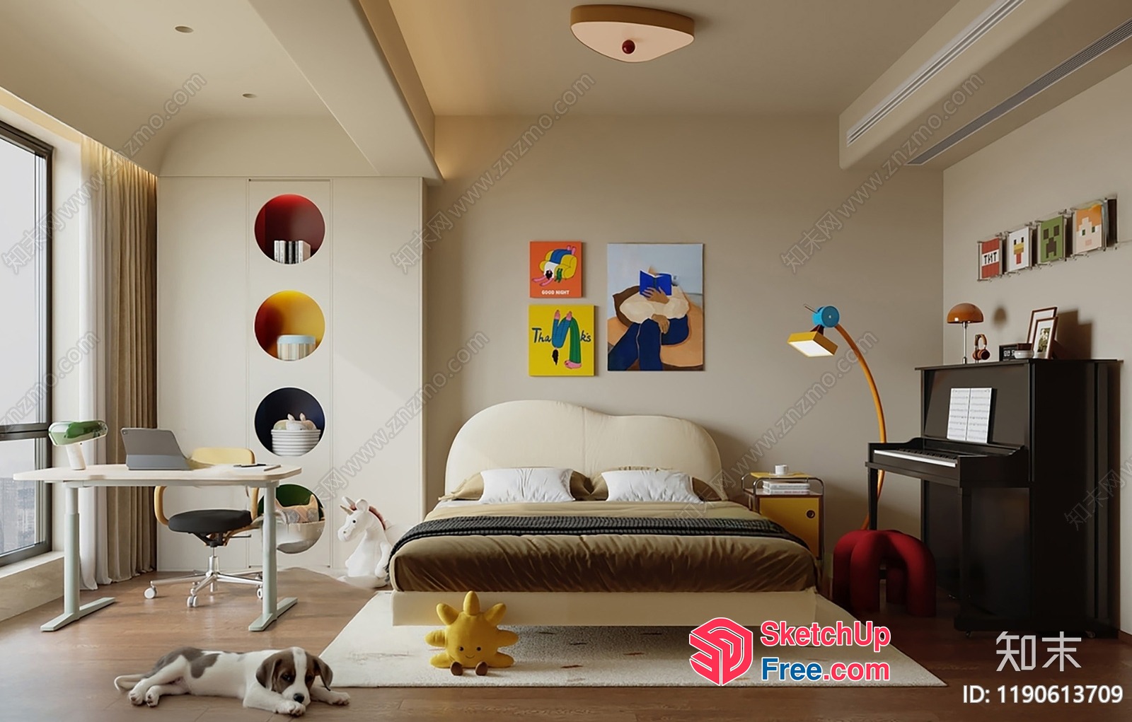Modern Interior Design With Vibrant Artwork And Cozy Bed 3D SketchUp File