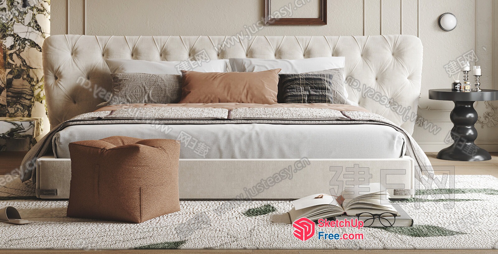 Luxurious Bedroom With Creamy Style Bed And Elegant Pillows 3D SketchUp File