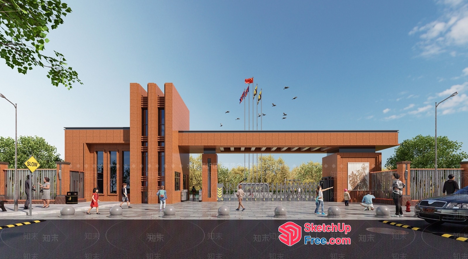 Modern Building Entrance With People And Cars 3D SketchUp File