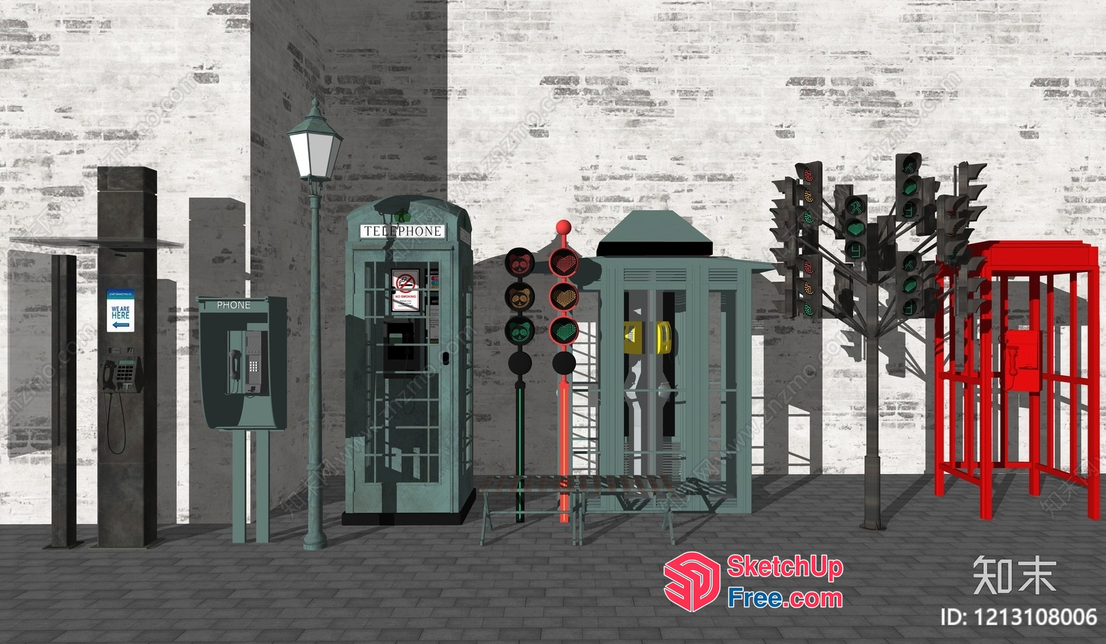 Urban Telephone Booths And Traffic Lights 3D SketchUp File