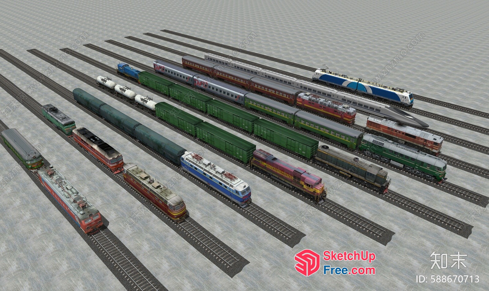 Train Station With Multiple Trains And Tracks 3D SketchUp File