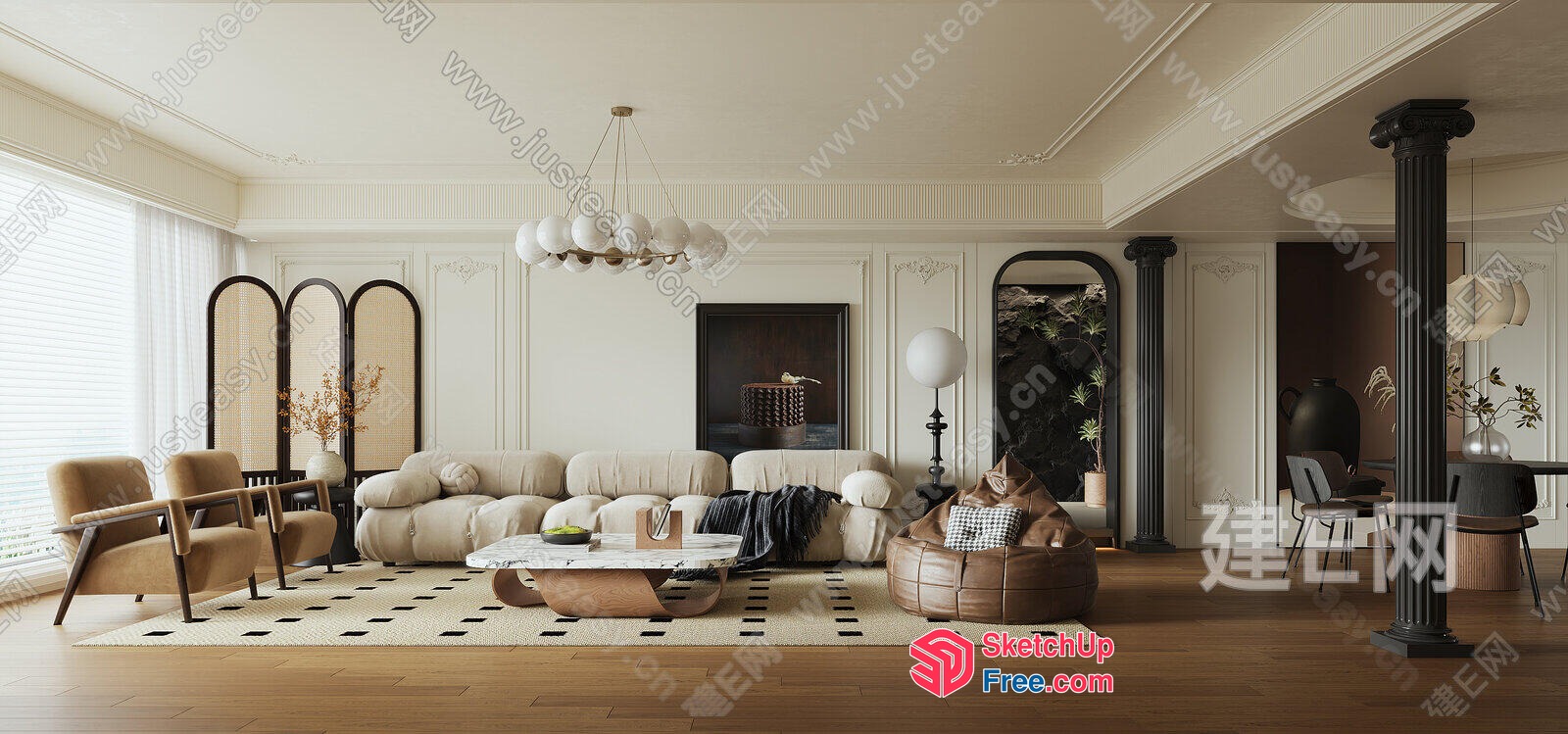 Elegant Creamy Style Living Room Interior 3D SketchUp File