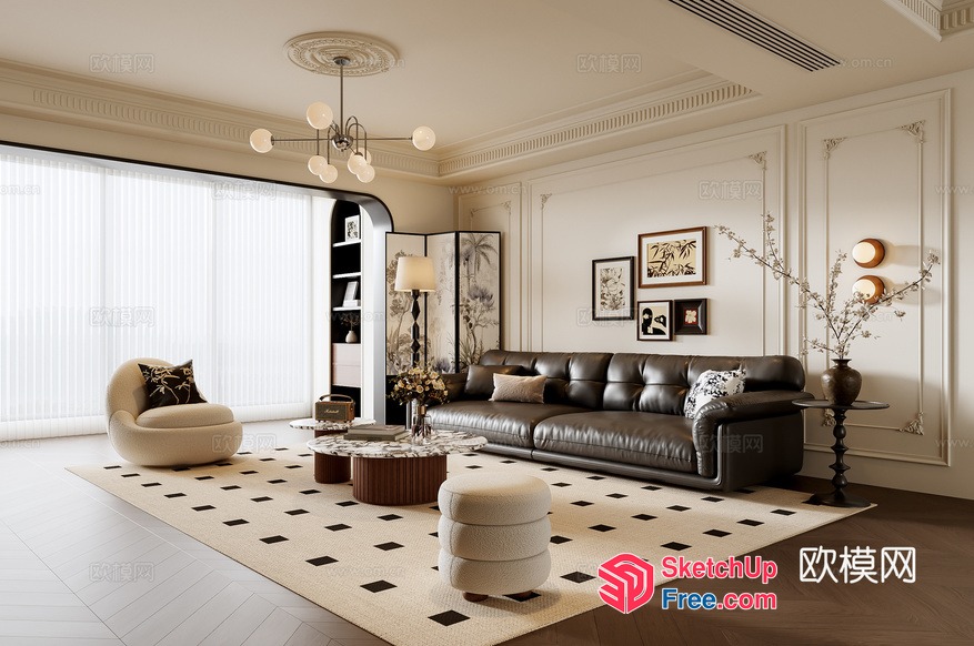 Modern European-Style Living Room With Dark Brown Leather Sofa 3D SketchUp File