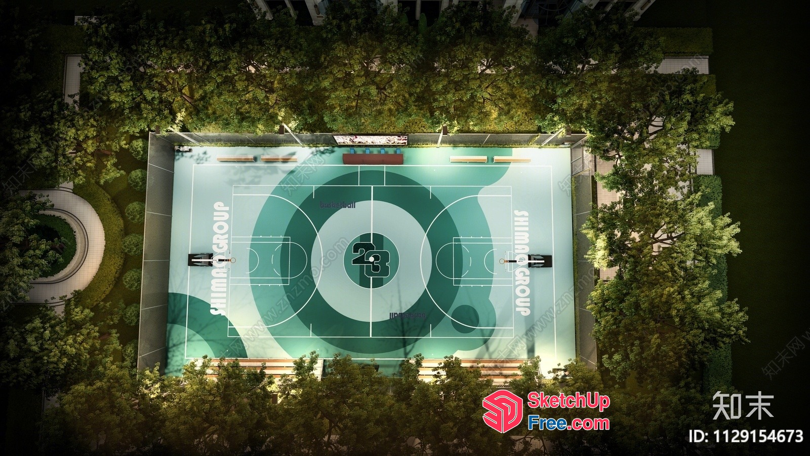 Aerial View Of A Basketball Court With A Unique Design 3D SketchUp File