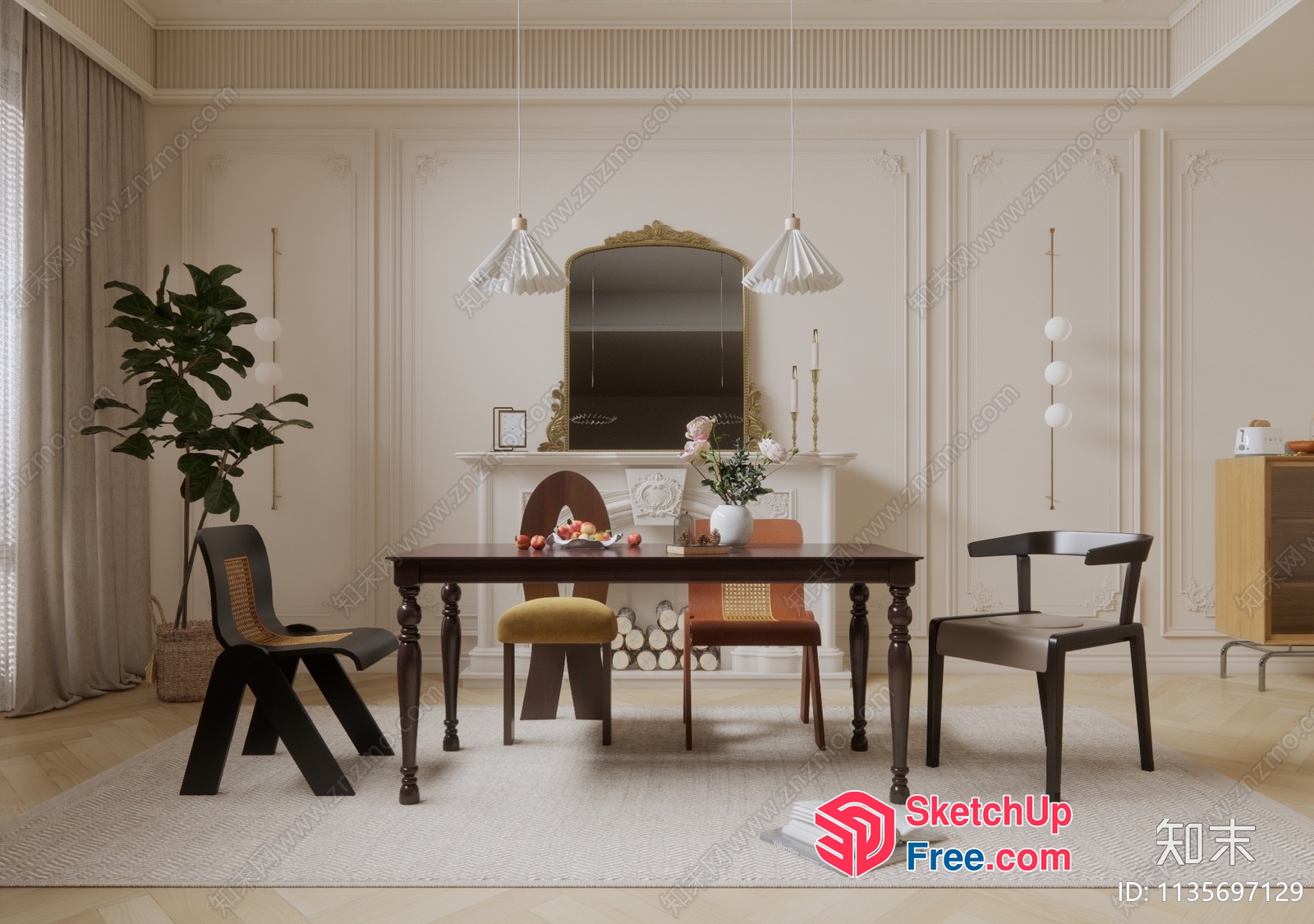 Elegant Dining Room With Classic Moulding 3D SketchUp File