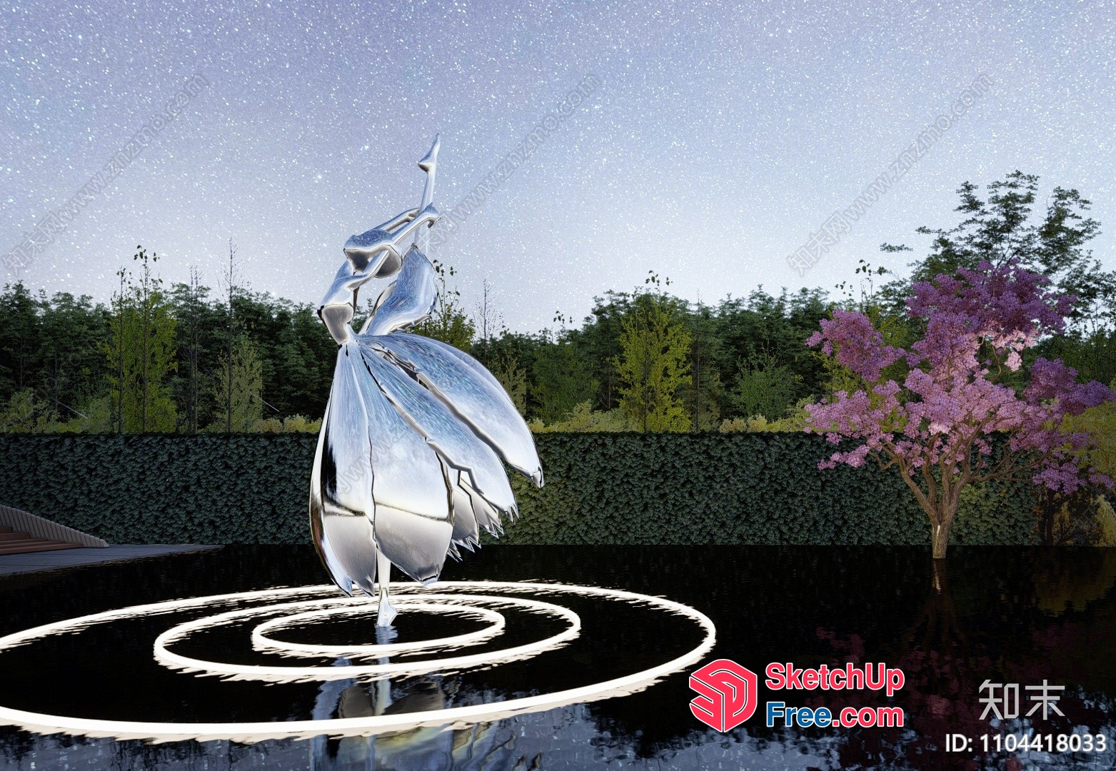 Ornate Silver Flower Sculpture In A Serene Pond 3D SketchUp File