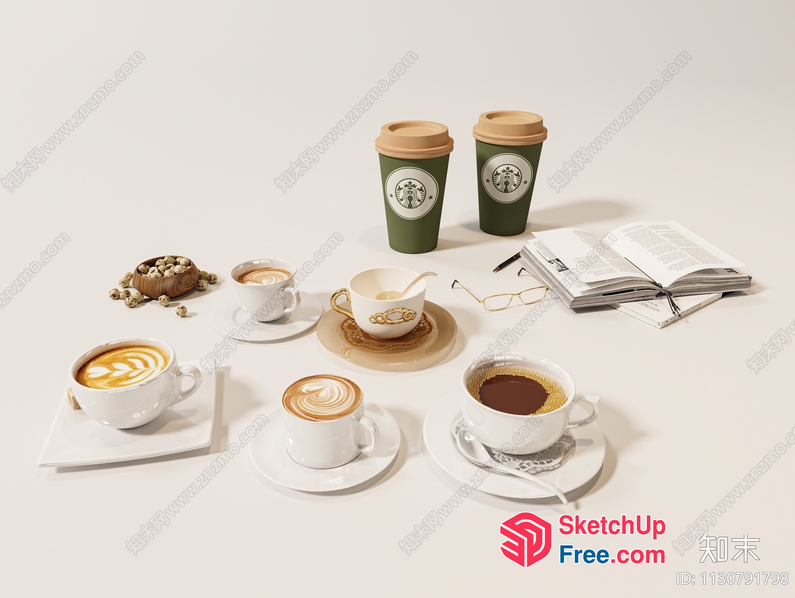 Coffee Table Setting With Various Coffee Cups 3D SketchUp File