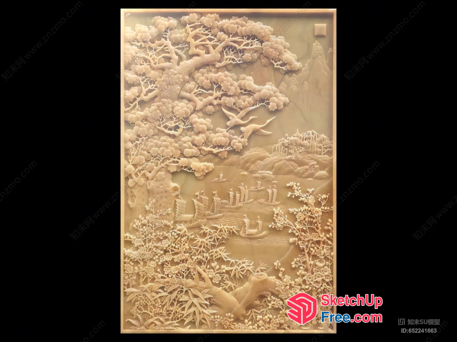 Asian-Inspired Carved Panel Of Natural Landscape 3D SketchUp File