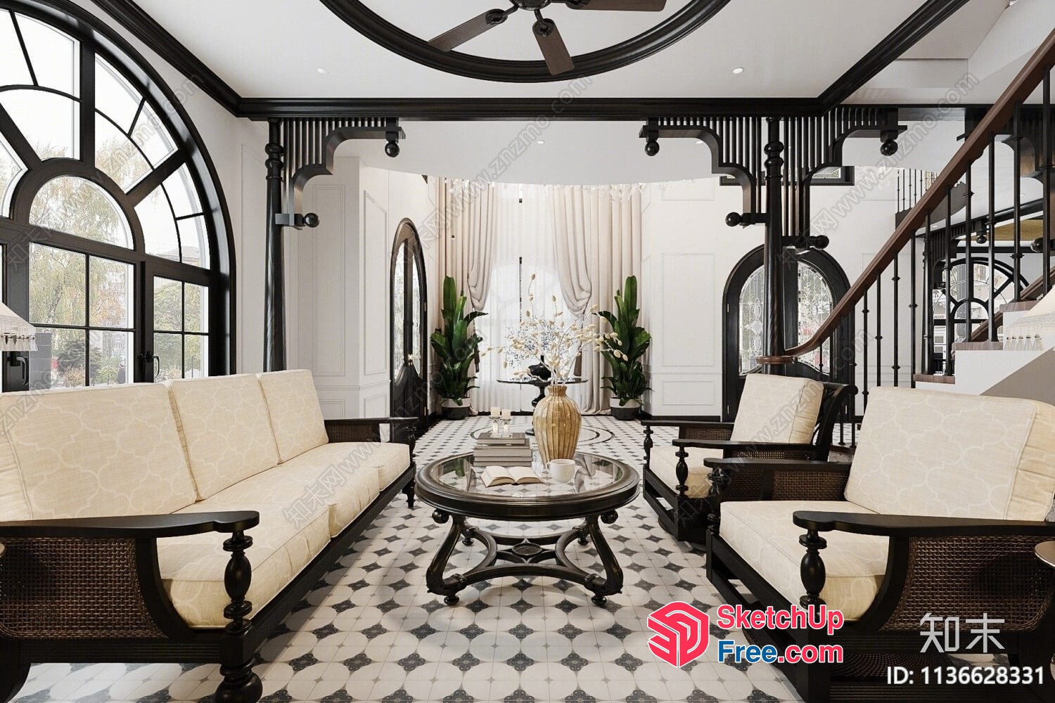 Elegant Living Room With Classic Moulding And Stairway 3D SketchUp File