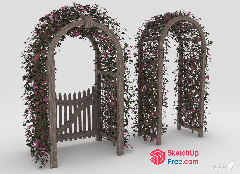 Elegant Arched Wooden Gate With Pink Flowering Vines 3D SketchUp File