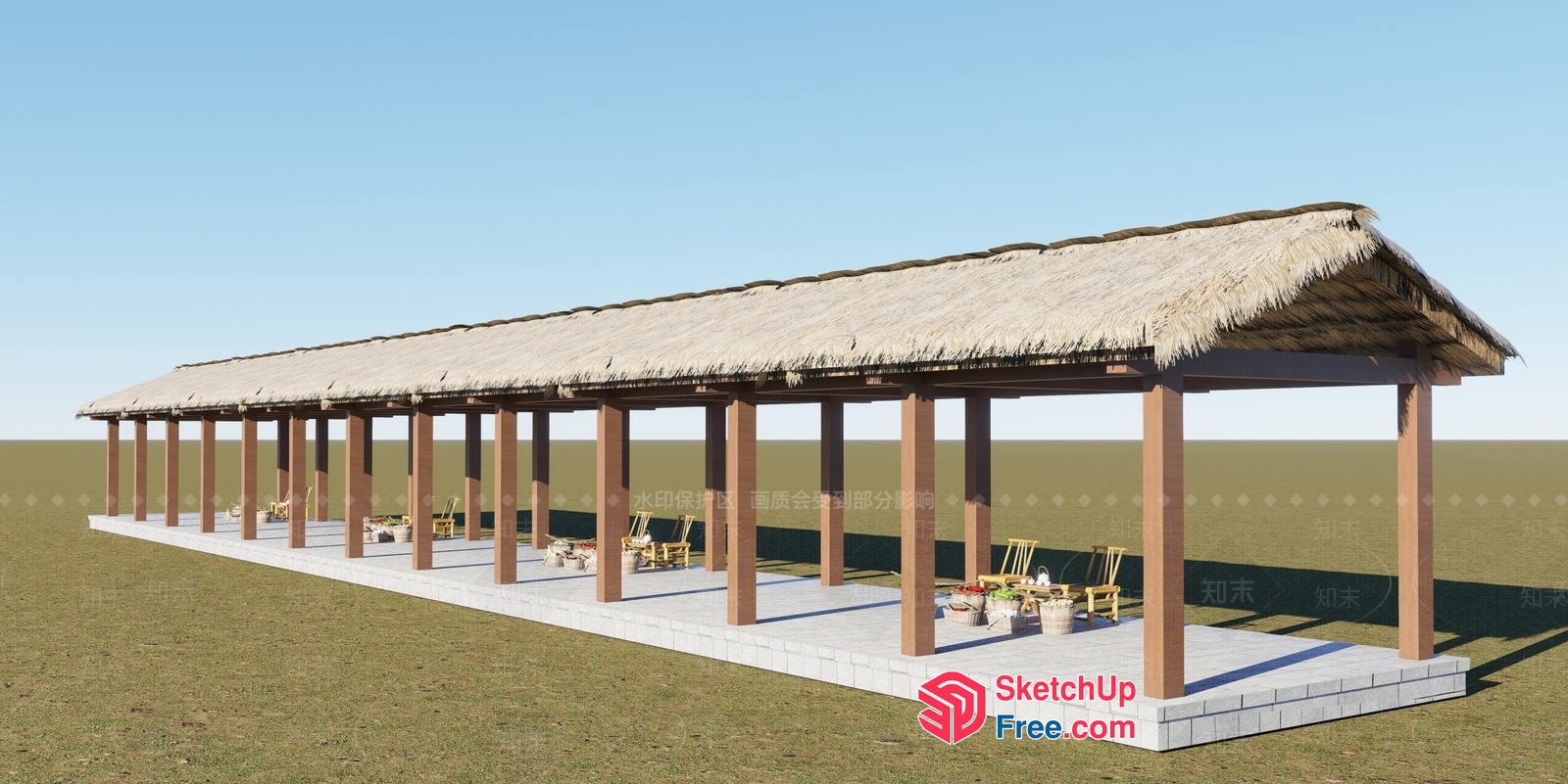 Long Covered Outdoor Seating Area With Thatched Roof 3D SketchUp File