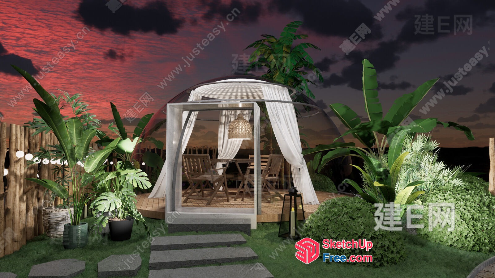 Outdoor Dining Area With Glass Dome And Tropical Plants 3D SketchUp File