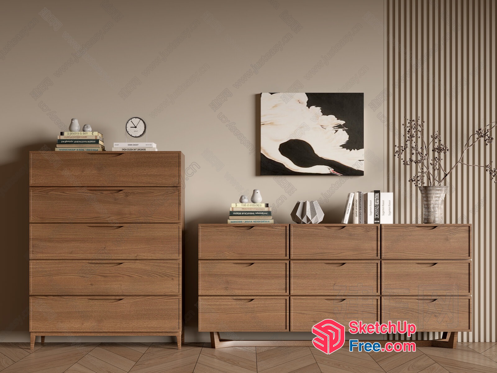 Modern Wooden Furniture Set With Decorative Elements 3D SketchUp File