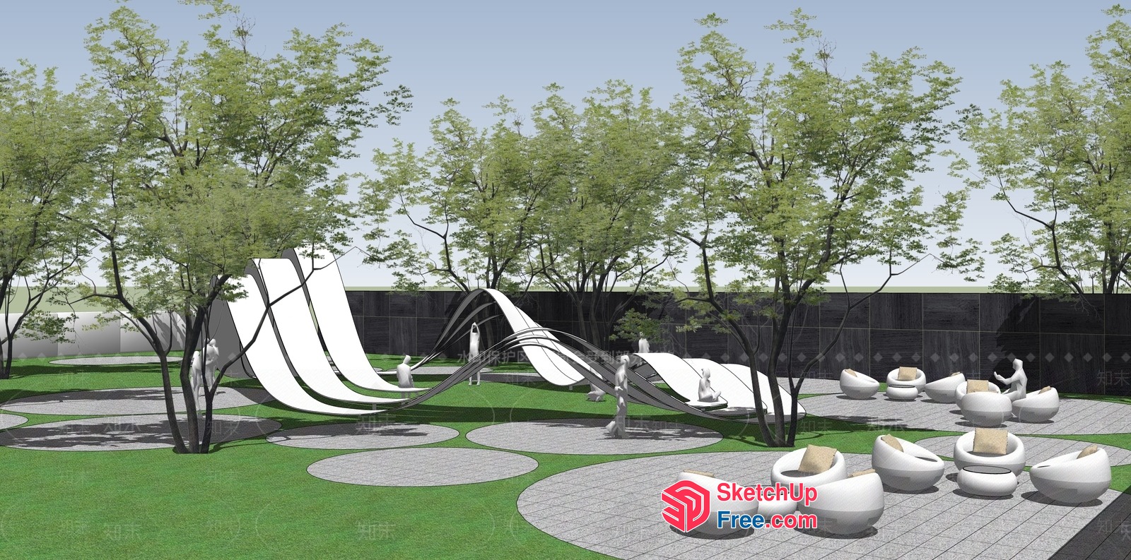 Modern Outdoor Seating Area With Curved Slides And Trees 3D SketchUp File