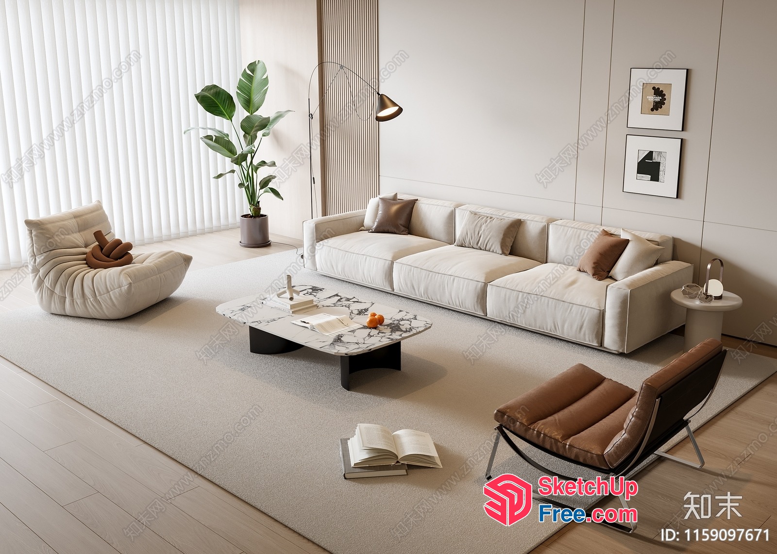 Minimalist Modern Living Room Design With Creamy And Brown Accents 3D SketchUp File
