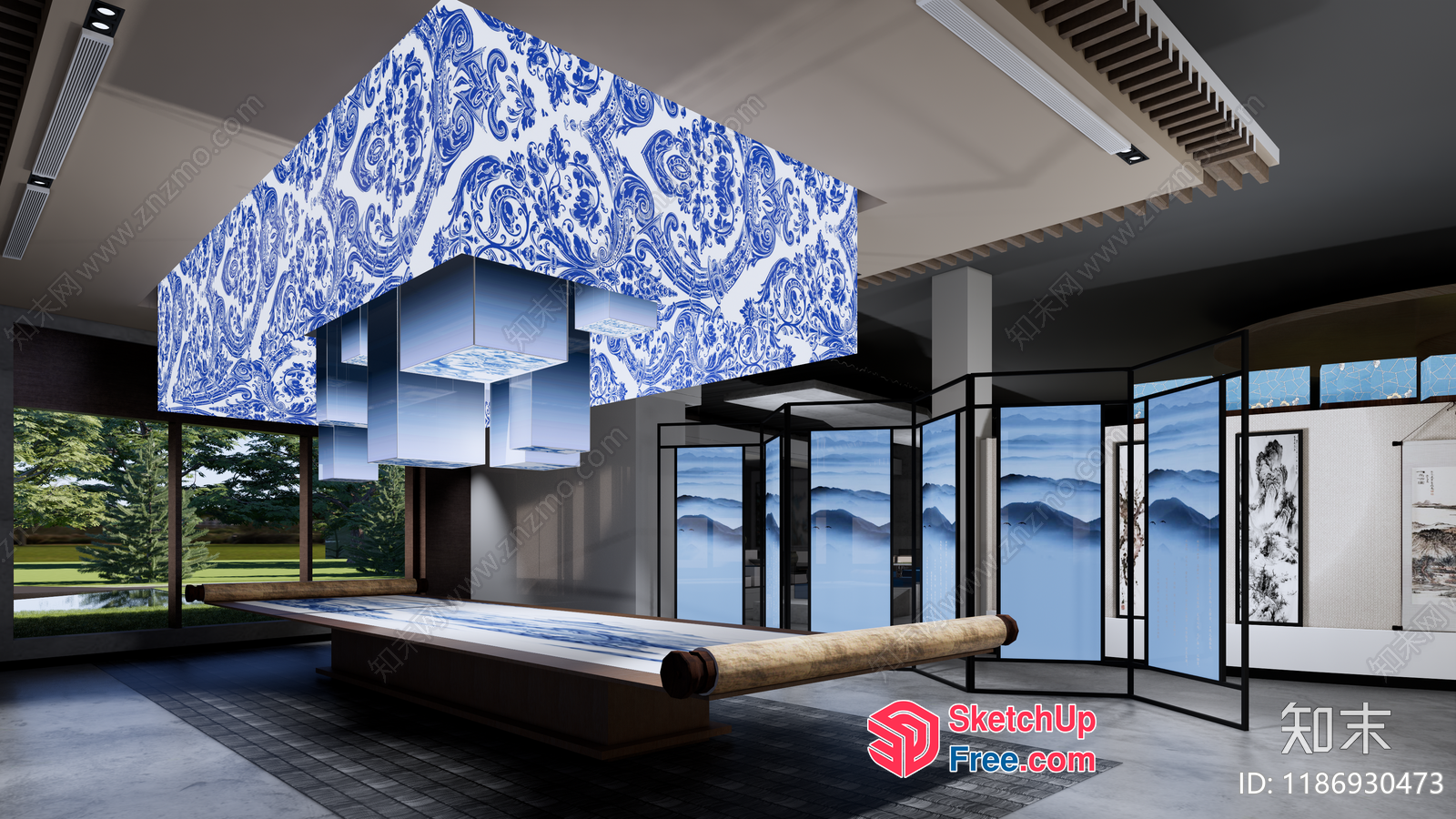 Modern Blue And White Decorative Room With Hanging Ceiling 3D SketchUp File