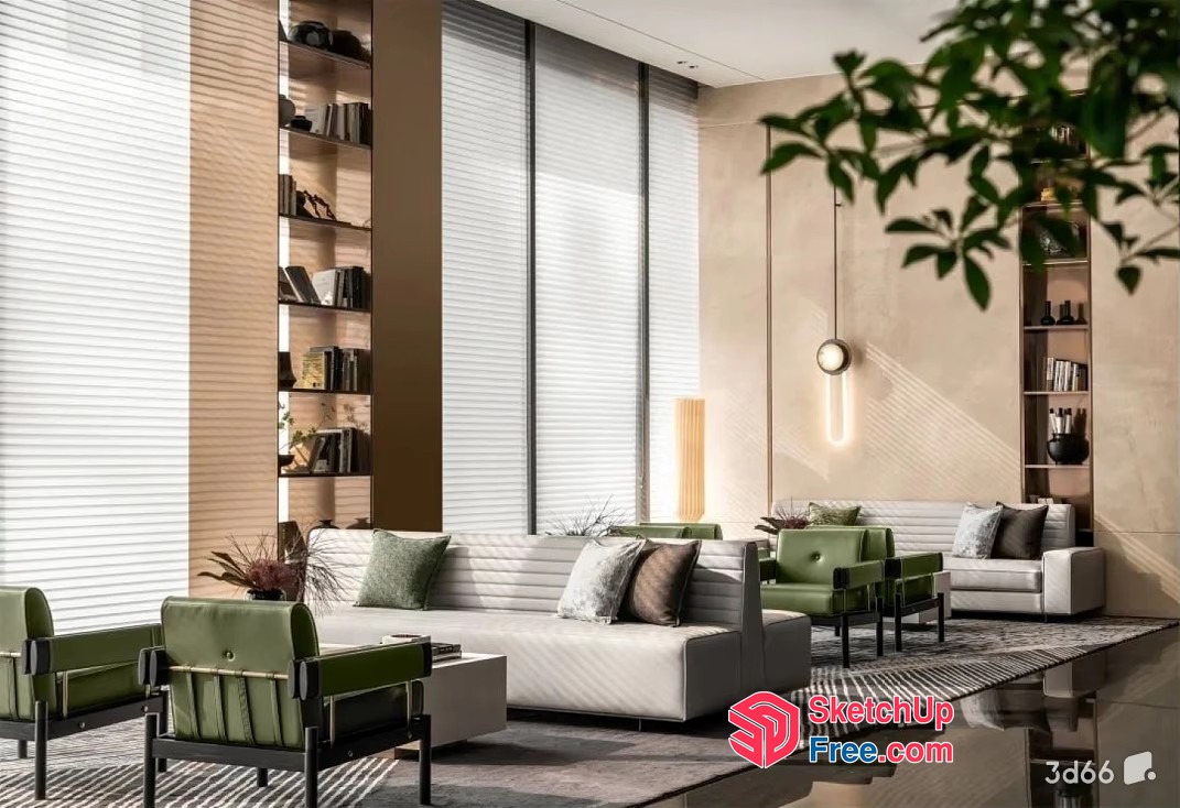 Modern Living Room With White Sofa And Green Chairs 3D SketchUp File