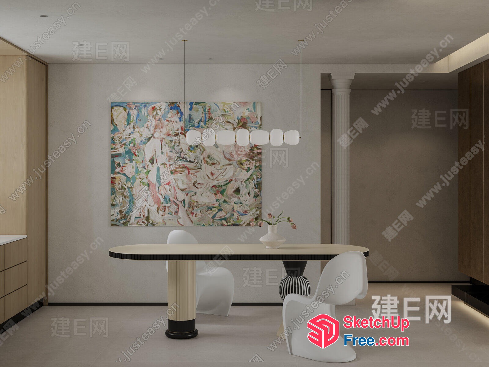 Elegant Modern Dining Room With Artistic Painting 3D SketchUp File
