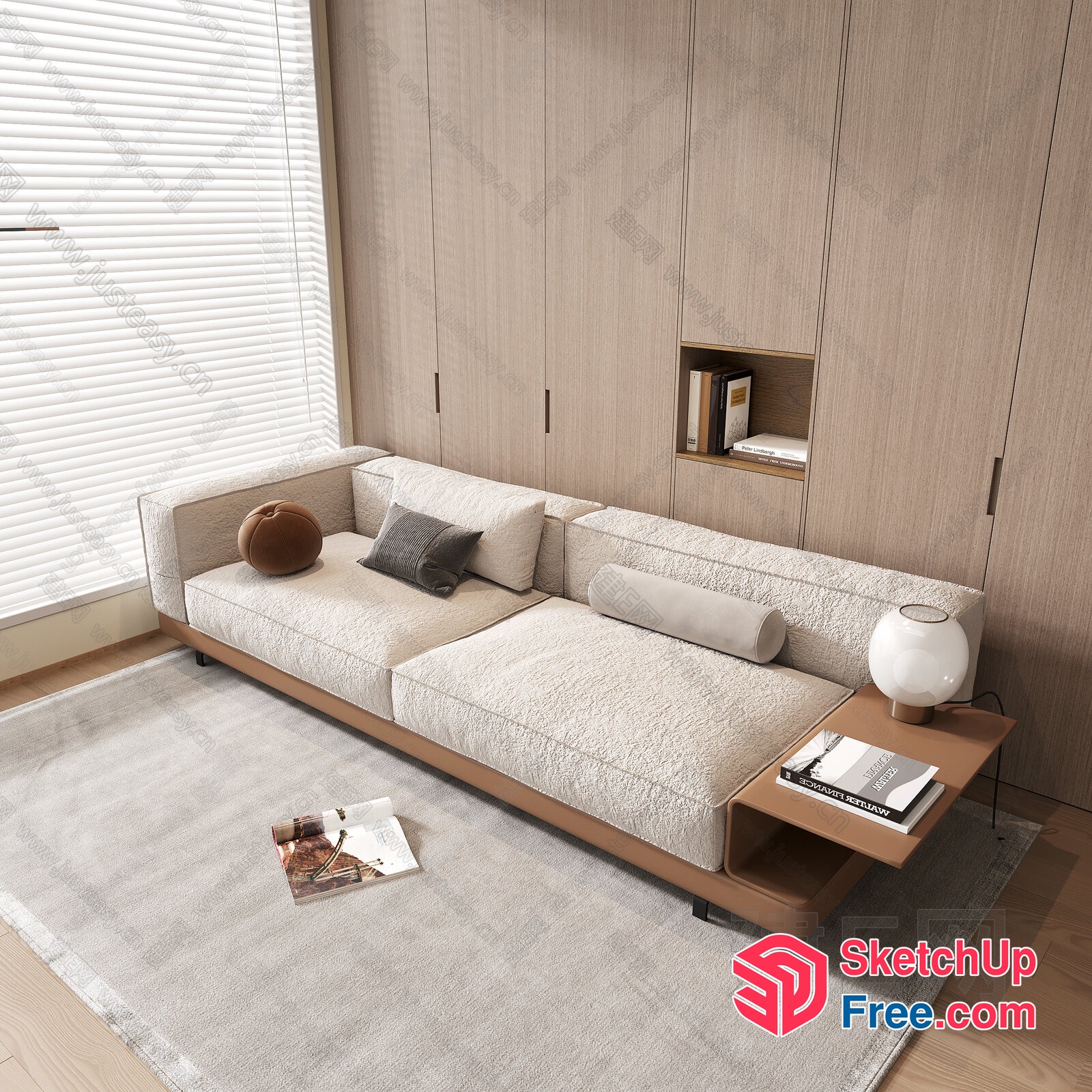 Modern Minimalist Living Room With Creamy Style Sofa And Wood Accents 3D SketchUp File