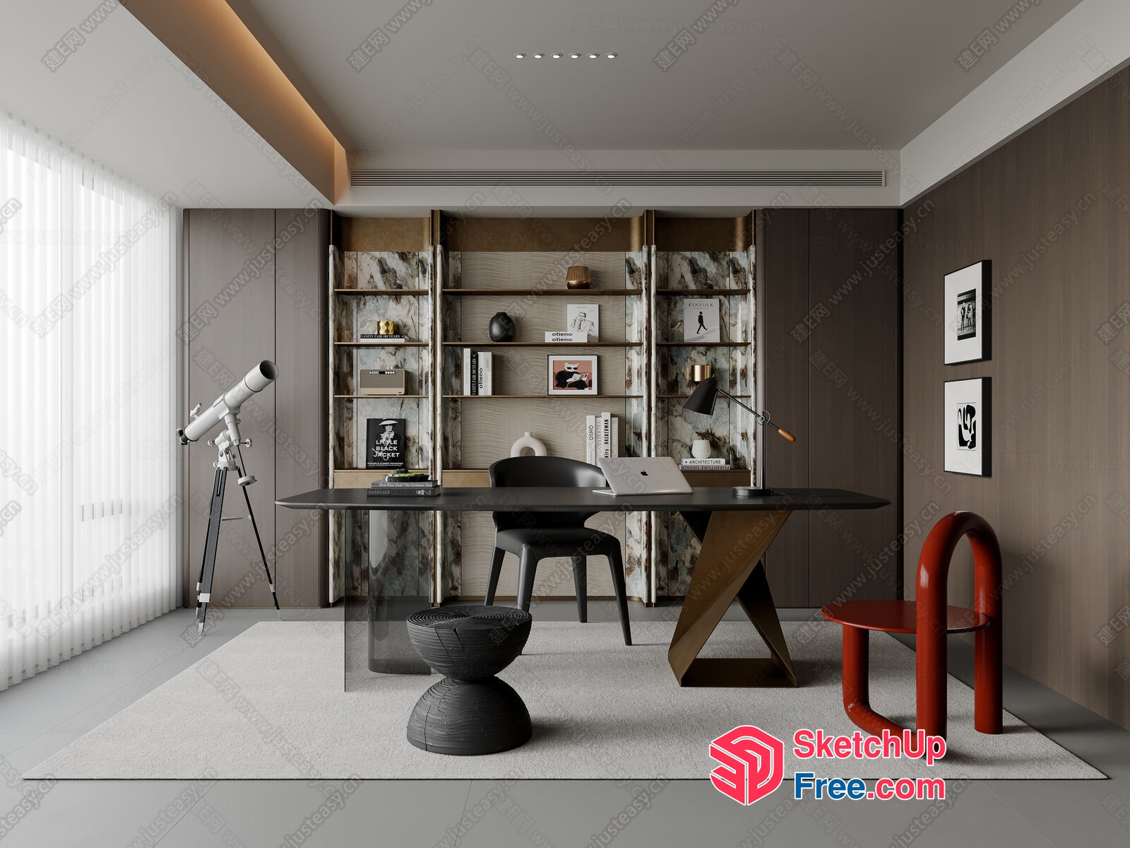 Modern Office Space With Telescope And Telescope 3D SketchUp File