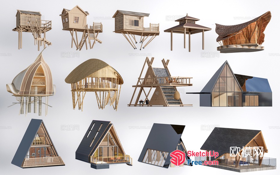 Aesthetic Wooden House Models Collection 3D SketchUp File