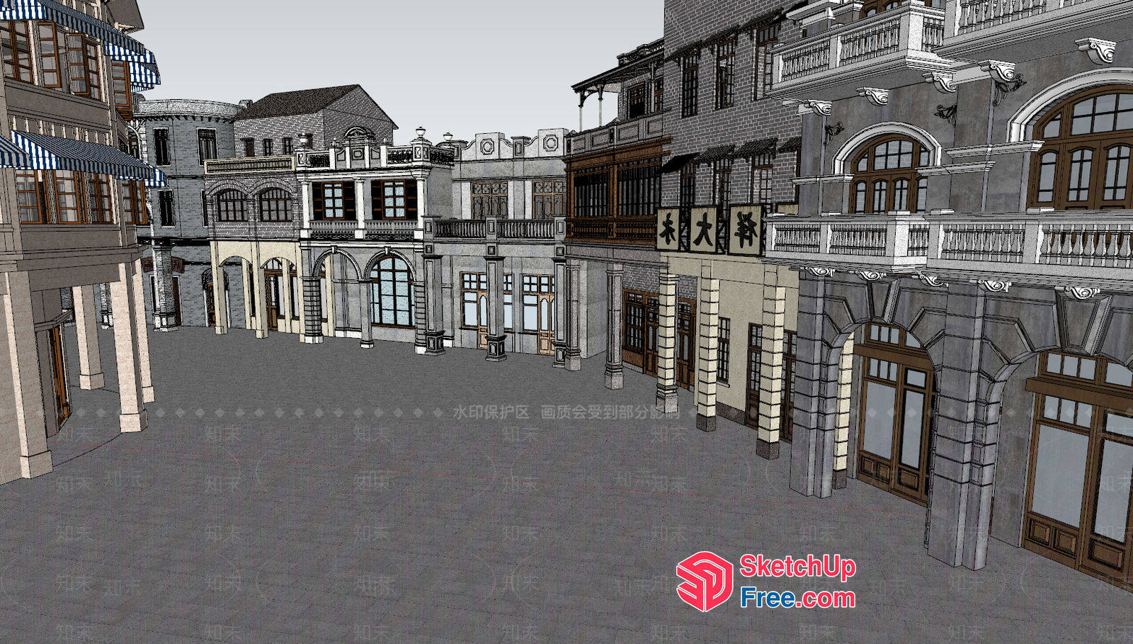 Classic European-Style Commercial Street 3D SketchUp File