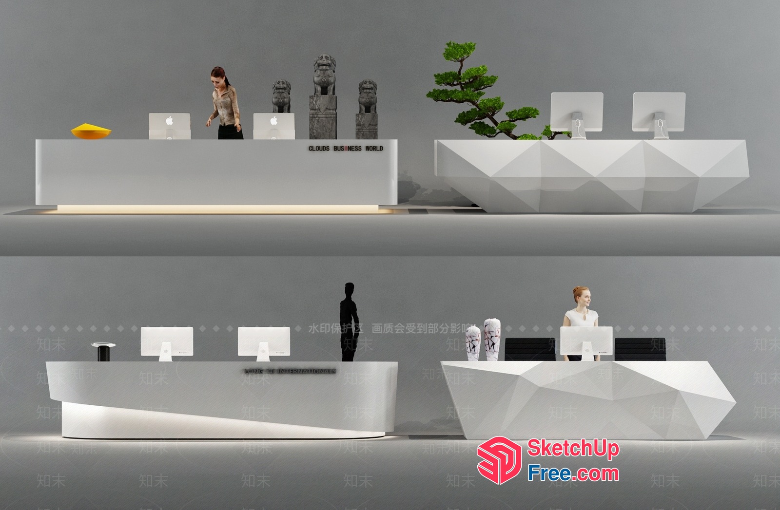 Reception Desk With Computer Monitors And Statues 3D SketchUp File