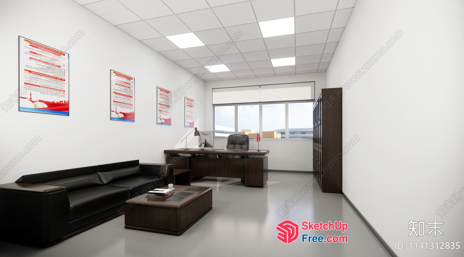 Modern Office Interior With Dark Wood Furniture And White Walls 3D SketchUp File