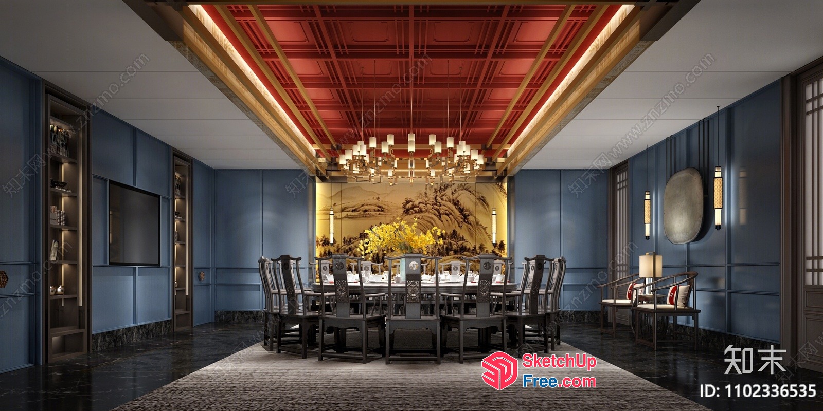 Traditional Chinese-Style Dining Room With Elegant Chandelier 3D SketchUp File
