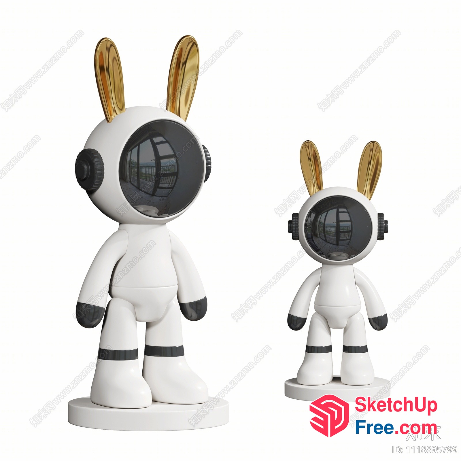 Two White Space Bunny Figurines On Pedestals 3D SketchUp File
