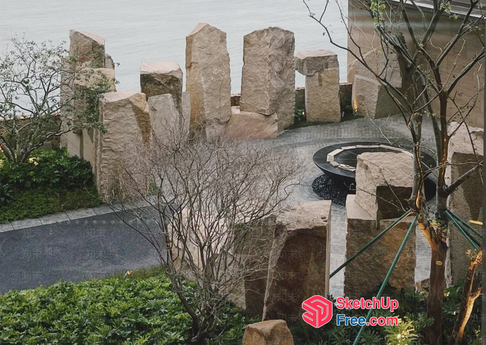 Stone Pillars And Water Feature 3D SketchUp File