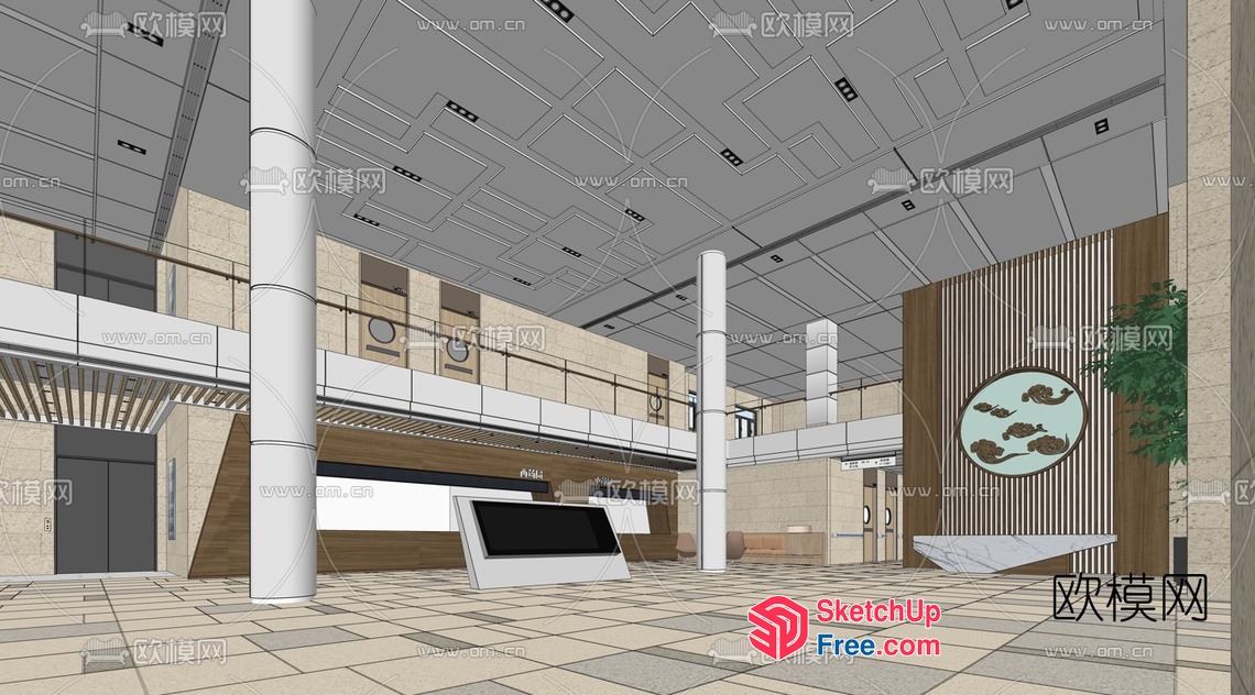 Modern Office Building Lobby With Pillars And Elevator 3D SketchUp File